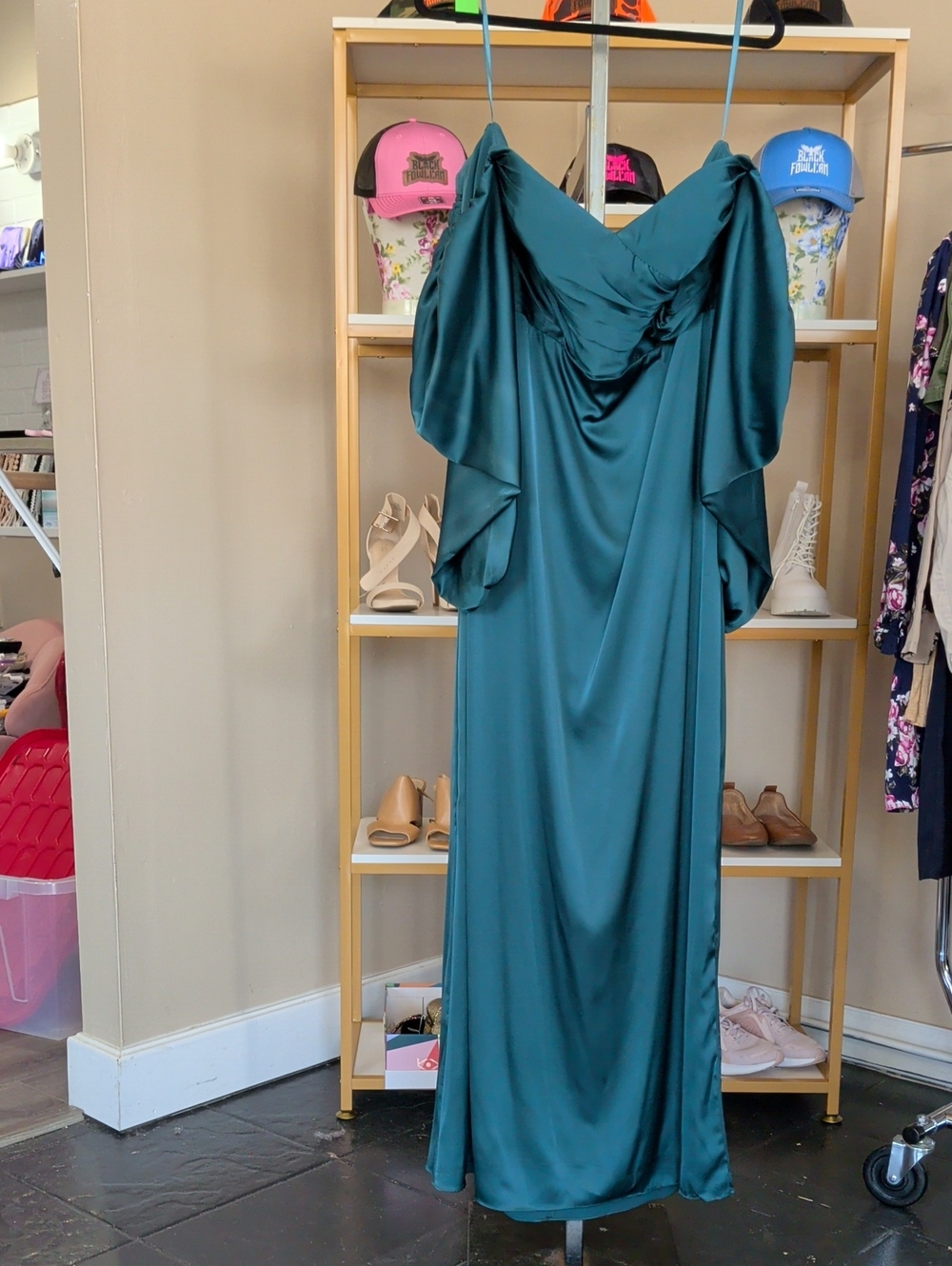 Cinderella Teal Satin Off-Shoulder Maxi Dress